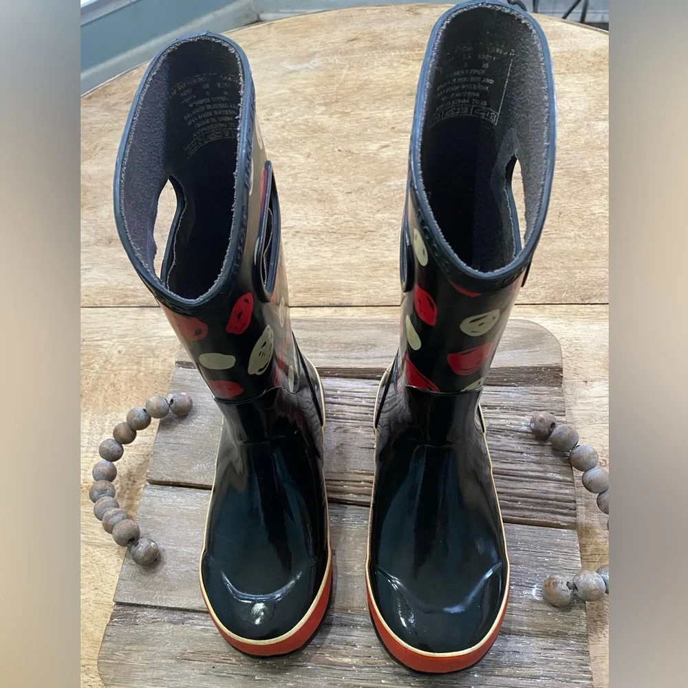 Bogs Classic Kids Unisex Size 3 Black W/ Red/Yellow Scribble Dot Rainboots‎